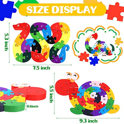 Yunsailing 4 Pcs Wooden Animal Puzzles for Kids, Double Sided Snake Jigsaw with Alphabet & Numbers for Preschool Toddler Learning Educational Activities(Snake, Dinosaur, Elephant, Snail) - style: Snake, Dinosaur, Elephant, Snail