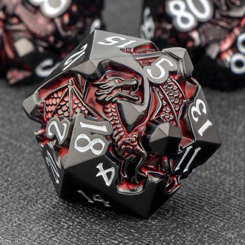 Roycevon Relief Dragon DND Dice Set for Role Playing Game, 7Pcs Metal D&D Dice Set Dungeons Dragons with Gift Box, Polyhedral D and D Dice D20 D12 D10 D8 D6 D4, Red and White - color: Red and White