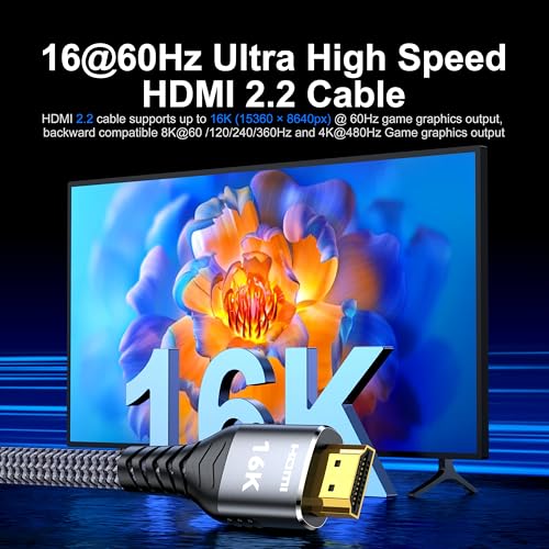 16K 8K 4K HDMI Cable 2.2 10ft, 96Gbps Ultra High Speed Braided HDMI 2.1 Cable, HDMI to HDMI Cable Supports 8K 4K 240Hz 144Hz 120Hz HDR eARC HDCP 2.2&2.3, Compatible HDTV Monitor Soundbar Xbox PS5/4 - size: 10 ft