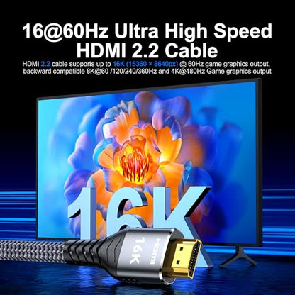 16K 8K 4K HDMI Cable 2.2 10ft, 96Gbps Ultra High Speed Braided HDMI 2.1 Cable, HDMI to HDMI Cable Supports 8K 4K 240Hz 144Hz 120Hz HDR eARC HDCP 2.2&2.3, Compatible HDTV Monitor Soundbar Xbox PS5/4 - size: 10 ft