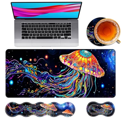 Large Mouse Pad and Keyboard Wrist Rest, Desk Pad for Keyboard and Mouse, 4-in-1 Large Gaming Mouse Pad with Wrist Support, Desk Mat for Home Office Study Game,Colorful Jellyfish - color: Colorful Jellyfish
