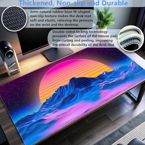 Synthwave Gaming Desk Mat, Retro 80s XXL Large Mouse Pad 31.5x15.7 in | Aesthetic outrun neon desk pad with comfortable 3mm cushion, smooth cloth surface, and non-slip rubber base. - color: Digital Art