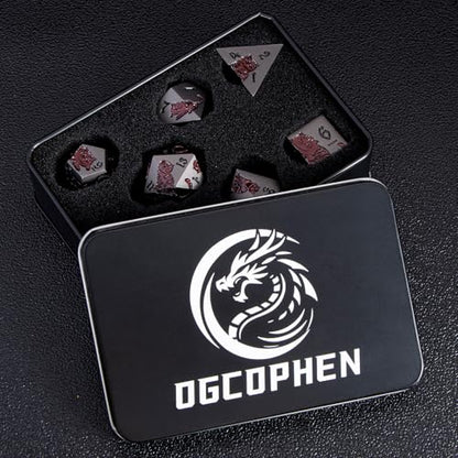 Metal DND Cat Dice 7PCS Polyhedral RPG Dice Set with Gift Case for Dungeons Dragons Role Playing Game, D and D Dice D6 D8 D10 D12 D20 D% (Grey Red) - color: Cat-grey Red