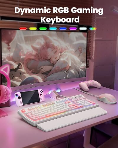 SABLUTE Gaming Keyboard and Mouse, Quiet Membrane with RGB Backlit - Pink | PC Gaming Keyboard with Multimedia Knob, Anti-Ghosting, Ergonomic Wrist Rest & 3200 DPI Mouse for Gamer/Office - color: Pink-White