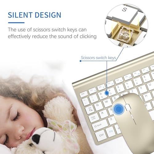 Wireless Keyboard and Mouse Ultra Slim Combo, TopMate 2.4G Silent Compact USB 2400DPI Mouse and Scissor Switch Keyboard Set with Cover, Batteries Included, for PC/Laptop/Windows/Mac - Gold White - color: Gold White