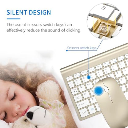 Wireless Keyboard and Mouse Ultra Slim Combo, TopMate 2.4G Silent Compact USB 2400DPI Mouse and Scissor Switch Keyboard Set with Cover, Batteries Included, for PC/Laptop/Windows/Mac - Gold White - color: Gold White