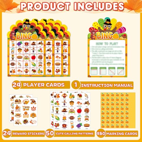 39 Pcs Thanksgiving Party Bingo Game for Adults Kids 24 Players Turkey Shaped Bingo Game Cards with Reward Stickers for Family Friends Students Large Group Activities Fall Autumn Festival Party Favors - style: Thanksgiving