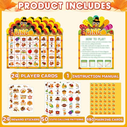 39 Pcs Thanksgiving Party Bingo Game for Adults Kids 24 Players Turkey Shaped Bingo Game Cards with Reward Stickers for Family Friends Students Large Group Activities Fall Autumn Festival Party Favors - style: Thanksgiving
