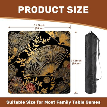 Mahjong Mat 31.5" x 31.5" Fan Flower Unbrella Japanese Chinese Seamless Design Gold Black Non-Slip Noise Reduction Mahjong Tiles Table Cover for Dominoes Poker Card Board and Tile Games - color: Color2