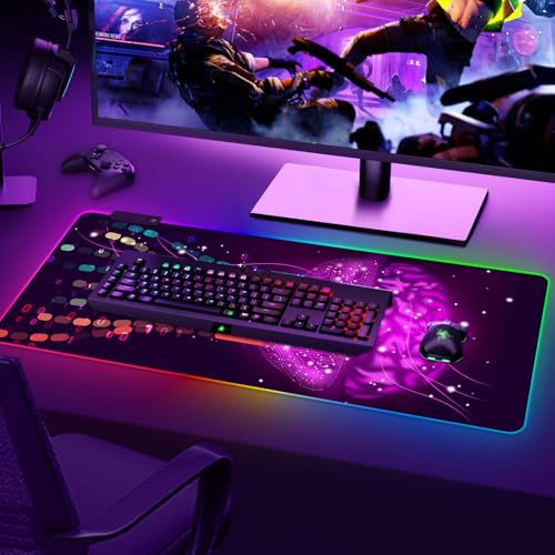 ARTSO Purple RGB Gaming Mouse Pad, XXL Large Extended Glowing Led Keyboard Mat, Cool Mouse pad Desk Pad Non-Slip Computer Mousepad Mat 35.4 x15.7 Inch, Technology Brain - color: Purple Technology Brain