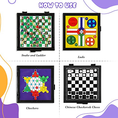5 in 1 Magnetic Checkers Board Game Set, Travel Chess for Adults Teens | Magnetic Pieces Stay in Place, Compact Folding Board, Camping Trip Game, 5 Classic Games