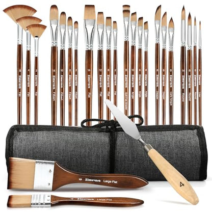 25pcs Paint Brush Set, Professional Paint Brush Set with Cloth Roll and Paint Spatula, Nylon Brushes for Acrylic Painting,Watercolor,Oil,Gouache, Art Supplies for Beginners and Artists (Wood)