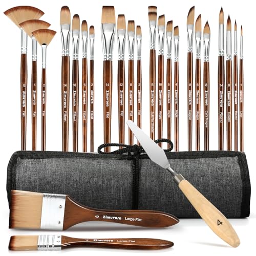 25pcs Paint Brush Set, Professional Paint Brush Set with Cloth Roll and Paint Spatula, Nylon Brushes for Acrylic Painting,Watercolor,Oil,Gouache, Art Supplies for Beginners and Artists (Wood)