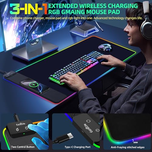 RGB Gaming Mouse Pad with Wireless Charging, Large Desk Mat, 31.5"x11.8" | XXL LED Mousepad, Ultra-Smooth Surface, Non-Slip Rubber Base, Waterproof Computer Keyboard Pad for Gamer, Black - color: Black-rgb+wireles Charging