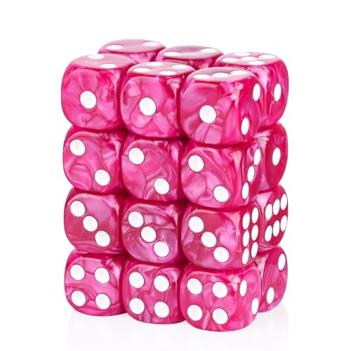 24 Piece Pearl Pattern Smooth Round Corner 16mm dice 6 Sided dice d6 dice Set for DND, MTG, Tenzi, Farkle, Bunco, Card Gaming & Math Learning with Portable Storage Pouch(Rose Red) - color: 16mm-rose Red