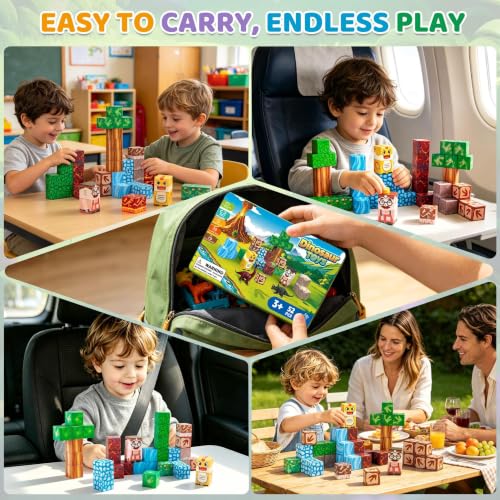 DQMOON Magnetic Blocks Travel Set with Magnetic Case - 52 PCS Magnetic Building Blocks Cubes Dinosaur Toys for Kids 3-5 4-8 Girls Boys Kids Toys, STEM Sensory Toddler Birthday