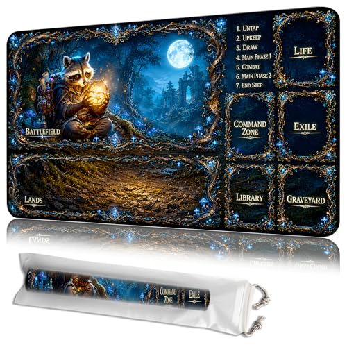 MTG Playmat with Zones, Moonlit Forest Sorcerer Raccoon, 24 x 14 Inch Stitched Non Slip Rubber Trading Card Game Mat, 2mm Thick Tabletop Mat for Card Games - color: Moonlit Forest Sorcerer Raccoon, size: 24"x14"With Zones