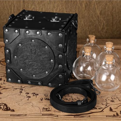 HiiFeuer Medieval Alchemist Crossbody Bag, Embossed Leather Riveted Potion Box with Bottles, Wizard Storage Box for Ren Faire (Black A) - color: Black A