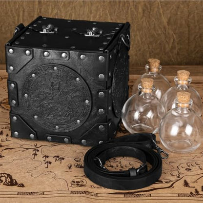 HiiFeuer Medieval Alchemist Crossbody Bag, Embossed Leather Riveted Potion Box with Bottles, Wizard Storage Box for Ren Faire (Black A) - color: Black A