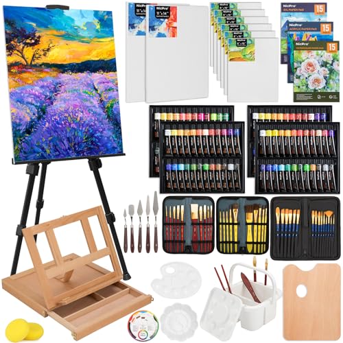 Nicpro 158PCS Deluxe Art Painting Kit with Metal and Solid Beech Wood Easel, Acrylic, Oil & Watercolor Paint Set, Paint Brushes, Canvas, Palette, Paper Pad, Professional Art Set for Adults Artist