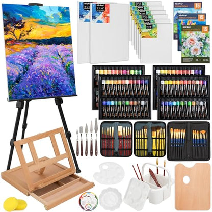 Nicpro 158PCS Deluxe Art Painting Kit with Metal and Solid Beech Wood Easel, Acrylic, Oil & Watercolor Paint Set, Paint Brushes, Canvas, Palette, Paper Pad, Professional Art Set for Adults Artist