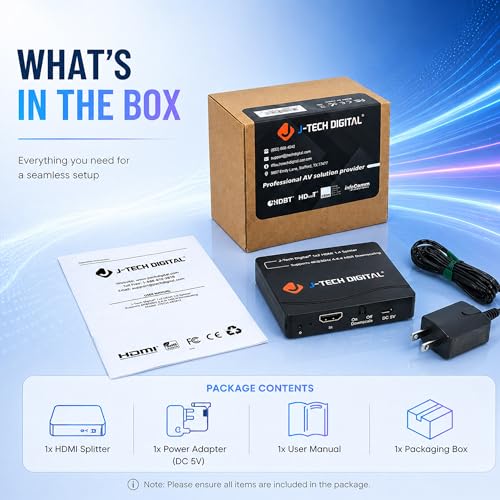 J-Tech Digital HDMI Splitter 1 in 2 Out 4K 60Hz Multi-Resolution Output (MRO) HDMI 2.0 Splitter Supports Downscale HDR HDR10 / Dolby Vision 4K@60Hz 4:4:4 HDCP2.3 2.2 (JTECH-4KSP2)