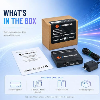 J-Tech Digital HDMI Splitter 1 in 2 Out 4K 60Hz Multi-Resolution Output (MRO) HDMI 2.0 Splitter Supports Downscale HDR HDR10 / Dolby Vision 4K@60Hz 4:4:4 HDCP2.3 2.2 (JTECH-4KSP2)