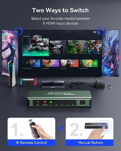 HDMI Switch 5 in 1 Out 4K@60Hz, GANA HDMI Splitter Switcher with Remote, Aluminum HDMI 2.0 Switch Box Hub for 3D, HDCP2.2, HDR, Compatible with Xbox, PS5/4/3,Fire Stick,Roku,Blu-Ray Player, Green - color: Green