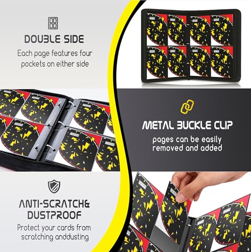 Trading Card Binder 4 Pocket,400 Pocket Card Collection Binder with 50 Removable Sleeves,PU Waterproof Top Card Book,3-Ring Zipper Collectible Trading Card Album for MTG/TCG/Card Holder Gift(Black) - color: Black, size: Small