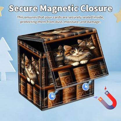 Card Deck Box for MTG Commander,Collectible Trading Storage Box Fits 120+ Single Sleeved Cards Magnetic Case PU Leather for Magic Commander TCG CCG MTG,Cute Cat Bookshelf - color: Cute Cat Bookshelf