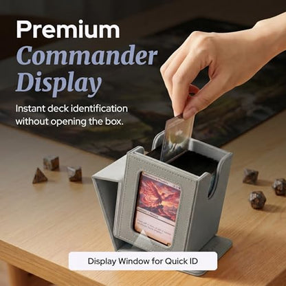 Commander Deck Box MTG 100 Card Holder with Display Window Grey | PU leather, 4 N52 magnets, fits 100 double-sleeved cards, display window, durable, portable, secure closure - color: Grey, size: 110+