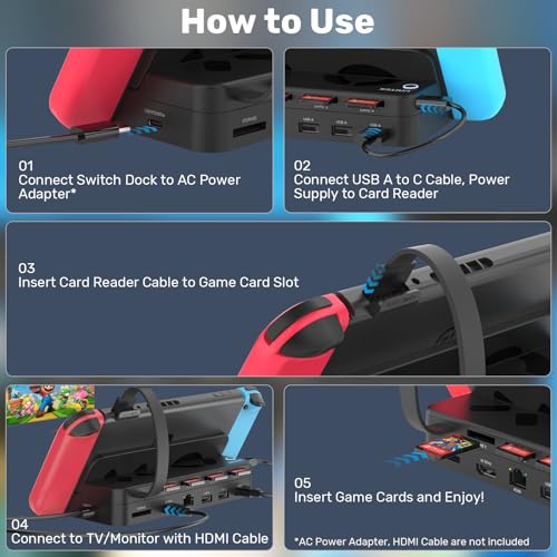 Unitek Nintendo Switch Dock Station with 4K HDMI/USB 3.0 PD Charging Port | Switch TV Dock+Game Card Reader,4 Card Slot for Switching Game by Wireless Remote Controller,Remote Control,Play & Charge
