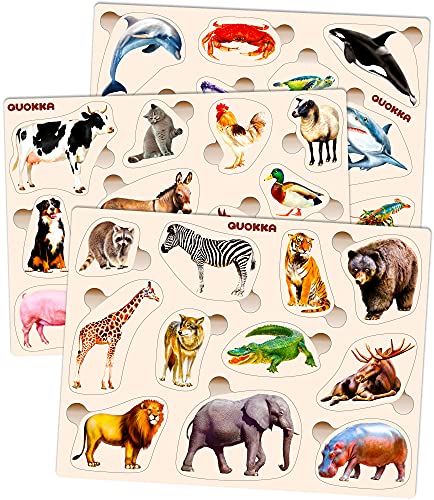 Wooden Puzzles for Toddlers 1-3 - 3 Montessori Kid Puzzles Ages 2-4 | Realistic Toddlers Puzzle for Kids 3-5 Year Old Boy and Girl - Wood Learning Toy with Animals for Children - color: Realistic Animals