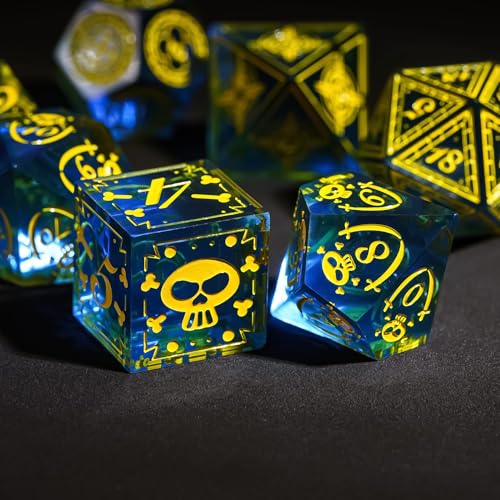Cusdie 7-Piece Sharp Edges DND Dice Set with Pirate Design - Perfect for Tabletop RPGs Board Games Gifting and Collecting(Blue w/Yellow Pirate Pattern) - color: Blue W/Yellow Pirate Pattern