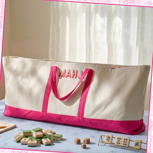 Mahjong Bag for Tiles and Racks Empty American Mahjong Tiles Carrying Tote 31.5 x 12 x 4 Inches Canvas Tile Games Accessories Gifts for Card Pushers Rack Mat Carrying, Case Only(Rose Red) - color: Rose Red