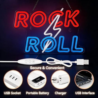 Rock Roll Lightning Bolt Neon Sign - Dimmable Retro Rock LED Light Sign - color: Rock n Rool