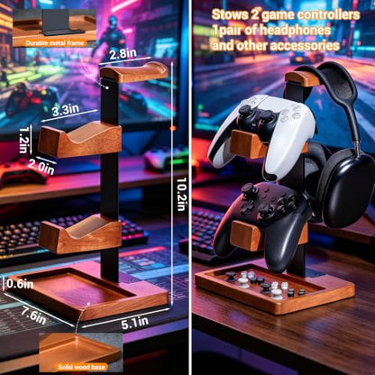 Solid Wood Dual Controller Holder & Headphone Stand | Gaming Equipment Desk Organizer, Game Controller Holder Headset Rack, Gift for Gamers Husband Boyfriend