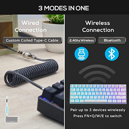 RK ROYAL KLUDGE RK61 60% Mechanical Keyboard with Coiled Cable, 2.4Ghz/Bluetooth/Wired, Wireless Bluetooth Mini Keyboard 61 Keys, RGB Hot Swappable Blue Switch Gaming Keyboard with Software - Black - color: Black, size: Hot-swappable Blue Switch