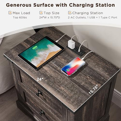 T4TREAM 24" Farmhouse Nightstand with Charging Station, Dark Rustic Oak | End Table, 2 Large Storage Drawers, Rustic Wood Sofa Bedside Table, Bedroom, Living Room - color: Dark Rustic Oak, size: 24"W*15.75"D*24"H