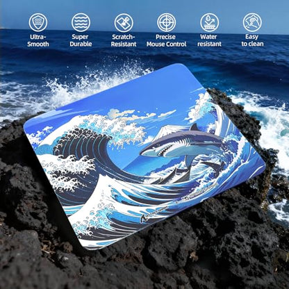 ATTACK SHARK CM05 Glass Gaming Mouse Pad,17.7x15.7 in Large Mouse Mat,Non Slip 9H Hard Mousepads,Nano-Textured Glass Surface with Improved Precision and Speed for FPS/MOBA-Wave Shark,Blue - color: Blue