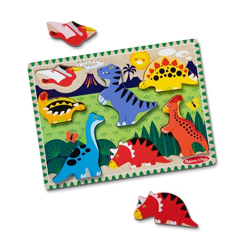 Melissa & Doug Dinosaur Wooden Chunky Puzzle (7 pcs) - FSC Certified | 7 Piece Set, Wooden Dinosaur Play Figures, Puzzle Board, Motor Skill Buiilding, Matching Play, Toddler Toys for Kids, Ages 2+ - size: 11.95 x 8.95 x 1.0, style: Dinosaur