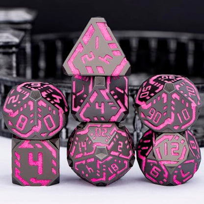 Metal DND Sci-fi Dice Set 7PCS Luminous Pink Stripe Polyhedral Dice for Dungeons Dragons RPG Role Playing Game, Glitter D and D Dice with Gift Box D6 D8 D10 D12 D20 - color: Nightlight - Pink