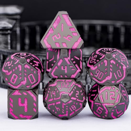 Metal DND Sci-fi Dice Set 7PCS Luminous Pink Stripe Polyhedral Dice for Dungeons Dragons RPG Role Playing Game, Glitter D and D Dice with Gift Box D6 D8 D10 D12 D20 - color: Nightlight - Pink