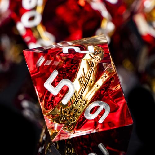 Magic Golden Ring DND Dice Set Sharp Edge Red Resin Dice with Box, for Use with D&D RPG Role Playing Games, Lord D and D Polyhedral Dice Set - color: Ring -Red-2