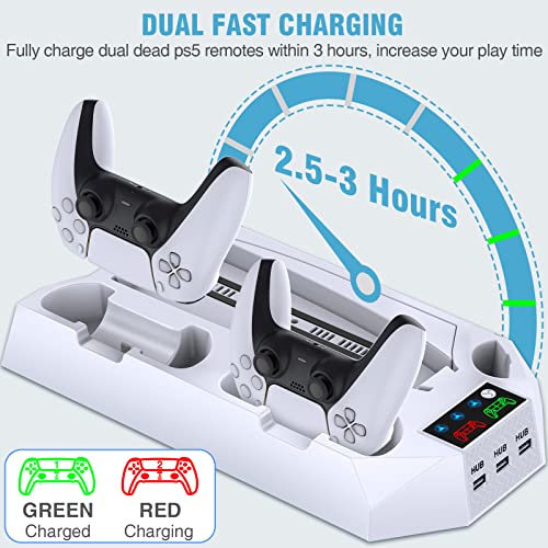PS5/PS5 Slim/PS5 Pro Stand and Cooling Station with Dual Controller Charging Station for PlayStation 5 Console, PS5 Accessories Incl. Controller Charger, Cooling Fan, Headset Holder, 3 USB Hub, White - color: White