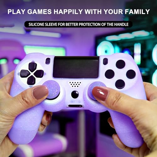 Purple Glitter Anti-Slip Protective Silicone Cover Skin Compatible with PS4/Slim/Pro Controller,8 PCS Glitter Thumb Grips Caps and 2 Grips Caps. - color: Glitter Purple