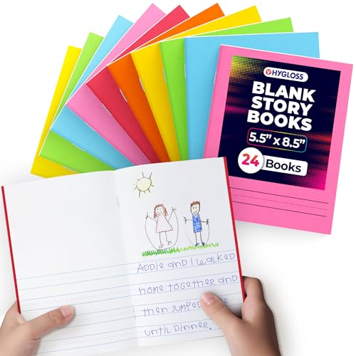 Hygloss Half Blank Books for Kids to Write Stories & Illustrate – Bulk 24 Pack – 5.5" x 8.5" A5 Primary Journal for Grades K-2, Preschool/Kindergarten Notebook with Picture Space – 24 Pages, Colored - color: Assorted Colors, style: 24 Books