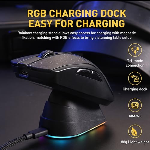 DAREU A950 Wireless Gaming Mouse with RGB Charging Dock,88g Lightweight Programmable Tri-Mode Wireless Mouse Gaming, Up to 12K DPI,1000Hz,120Hrs Playtime with RGB Backlit, Great for PC, Mac - color: Black