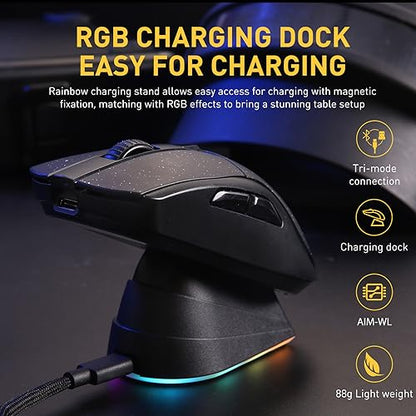 DAREU A950 Wireless Gaming Mouse with RGB Charging Dock,88g Lightweight Programmable Tri-Mode Wireless Mouse Gaming, Up to 12K DPI,1000Hz,120Hrs Playtime with RGB Backlit, Great for PC, Mac - color: Black