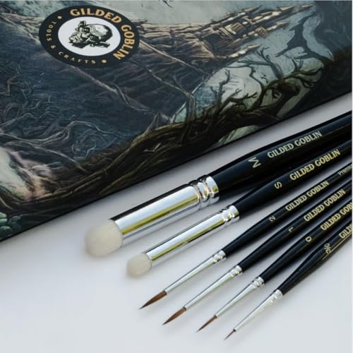 Kolinsky Sable Miniature Paint Brush Set – 6 Detail & Dry Brushes for Miniature Painting, Warhammer, D&D, Model Painting, Acrylics – Professional Fine Tip Brushes by Gilded Goblin Tools & Crafts